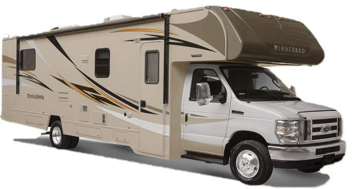 An rv parked on a white background.