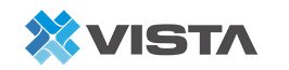 A blue and white logo with the word vista.