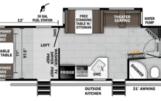 Floor plan of an rv featuring a ramp door patio deck, kitchen, dining area, theater seating, two wardrobes, storage areas, and multiple sleeping arrangements.